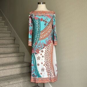 Donna Morgan Sz 10 Stretchy Floral, Boat neck, 3/4 Sleeve Midi Dress